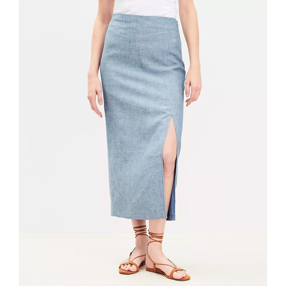 LOFT Linen/Cotton Midi Skirt High Waisted Front Slit Lined Light Blue Size 14/XL
